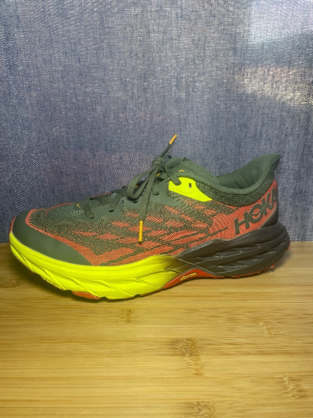 Hoka Speedgoat 5 Sz 10 2E Wide Mens Trail Running Shoes Thyme/Fiesta NICE TREAD!